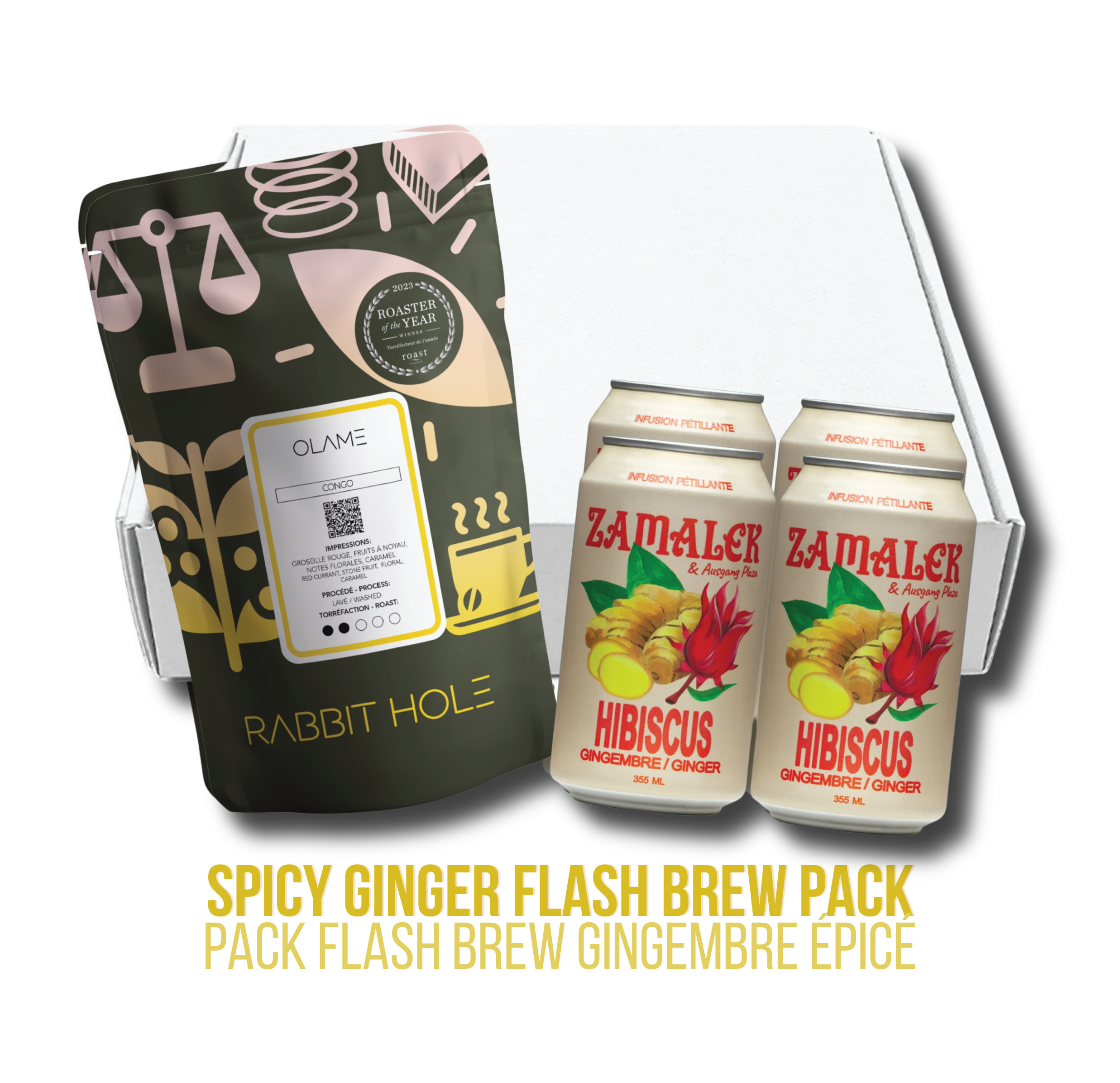 A gift-style product shot showing a black Rabbit Hole coffee bag labeled Olame next to four Zamalek Sparkling Hibiscus Ginger cans, with a white box behind them and text below reading SPICY GINGER FLASH BREW PACK. Photo de produit style coffret cadeau montrant un sachet de café noir Rabbit Hole étiqueté Olame à côté de quatre canettes de Zamalek Hibiscus Gingembre Pétillant, avec une boîte blanche derrière eux et un texte ci-dessous indiquant PACK FLASH BREW GINGEMBRE ÉPICÉ.
