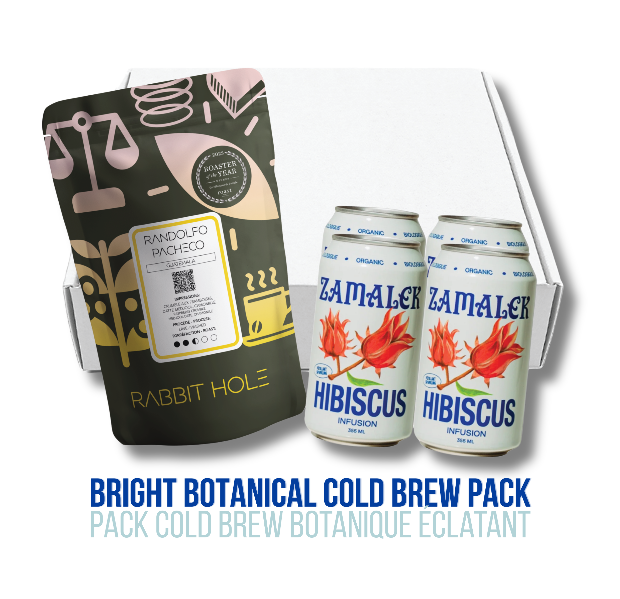 A gift-style product shot showing a Rabbit Hole coffee bag labeled Randolfo Pacheco next to four baby blue Zamalek Montreal Sparkling Hibiscus, with a white box behind them and text below reading Bright Botanical Cold Brew Pack. Photo de produit style coffret cadeau montrant un sac de café Rabbit Hole étiqueté Randolfo Pacheco à côté de quatre canettes de Zamalek Montréal Hibiscus Pétillant bleu poudre, avec une boîte blanche derrière eux et un texte ci-dessous indiquant Pack Cold Brew Botanique Éclatant.